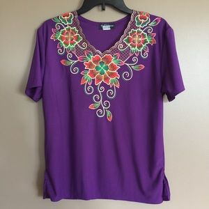 TC Fashion purple blouse w/flowers along neckline
